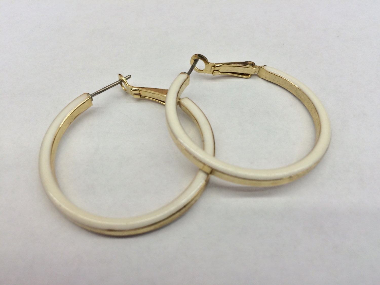 Vintage Gold And White Hoop Earrings, Hoop Earrings, Retro Earrings, Costume Jewelry, Vintage