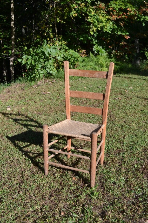 Vintage Antique Ladder Back Wooden Chair Woven Seat Primitive