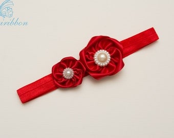 red ribbon flowers Headband - baby girl headband - adult headband - infant headband - Newborn Headband -hair accessories 100