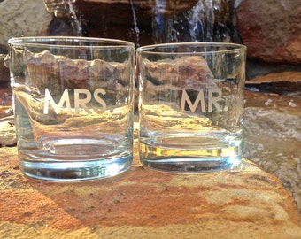 Mr and Mrs Glasses, Etched Whiskey Glasses, Old Fashioned Glasses, Wedding Gift