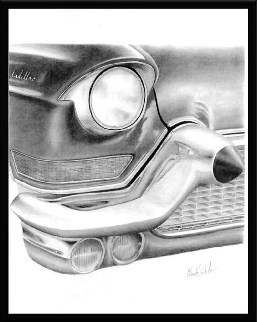 Pencil drawing of the front headlight and bumper of a 1957