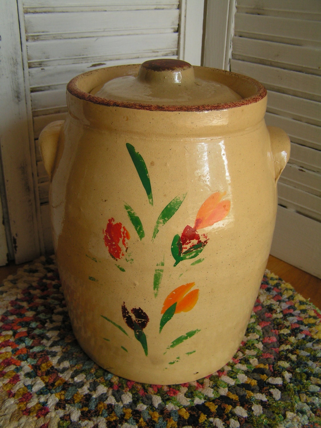 Antique Primitive Yelloware Stoneware Crock Cookie Jar Rustic