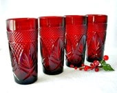 Ruby Red Glassware, Christmas Glasses, Cristal D'Arques Durand Glassware Antique Tumblers, Set of 4, Pressed Glass French Coolers Ruby Red Glassware, Christmas Glasses, Cristal D'Arques Durand Glassware Antique Tumblers, Set of 4, Pressed Glass French Coolers