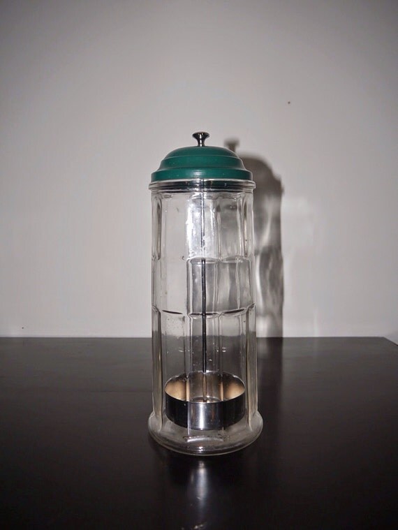 Vintage Gemco Glass Straw Dispenser with Green Metal Lid