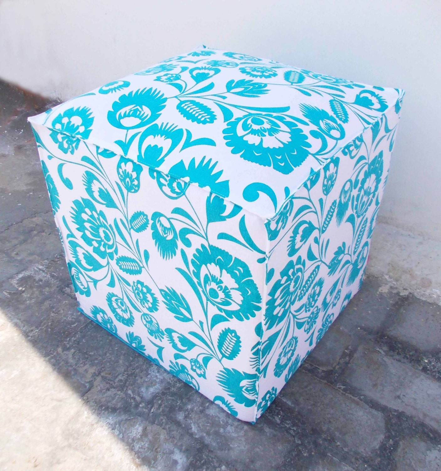 Printed cotton ottoman / pouf cover polish folk art floral