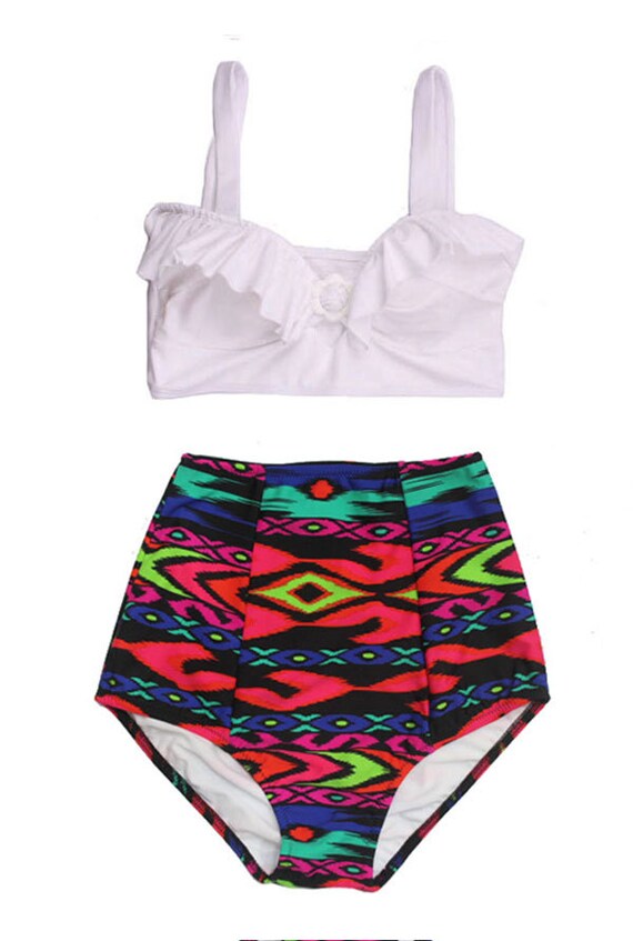 White Top and Tribute Tribal High Waisted Waist Shorts Bottom Swimsuit ...