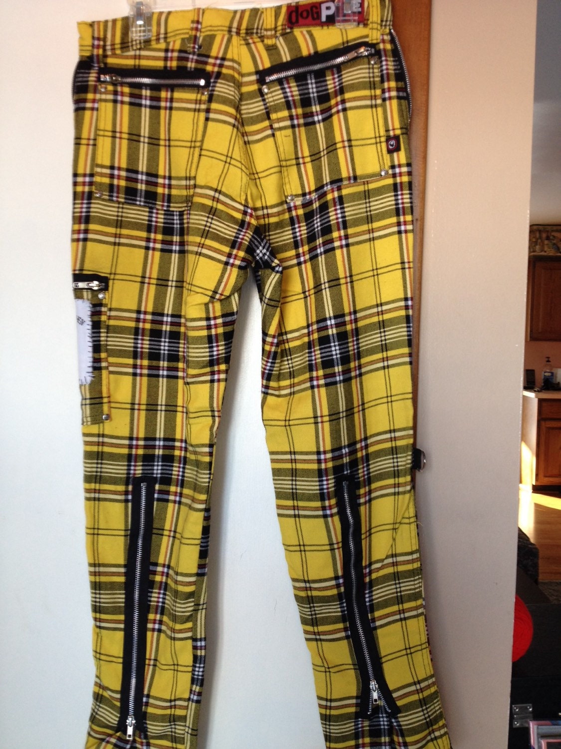 purple and yellow plaid pants