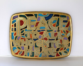 creations brass 60s decor sancta terra plaque 1966 peace enter painted popular items