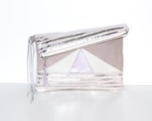 Metallic Leather Clutch, Pink Art Deco Pouch, Silver Geometric Foldover Clutch, Ipad Mini Case, Wedding Bag