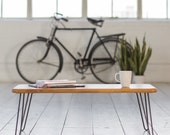Midcentury Modern Coffee table in solid Iroko and raw iron hairpin legs