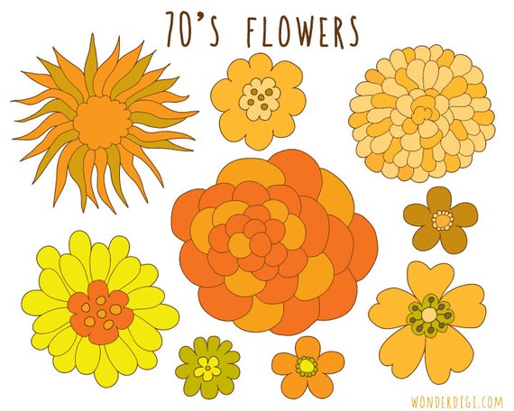 Retro Flowers clipart Hand Drawn Clip Art 70's Flowers