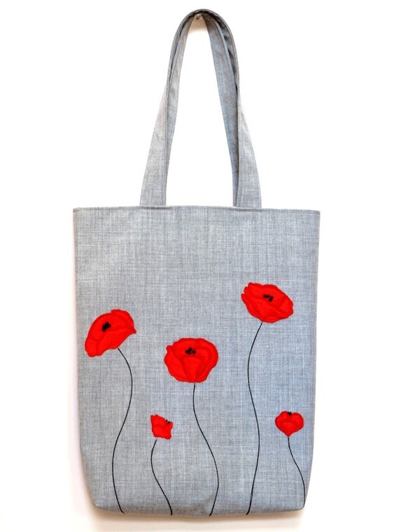Hand made tote bag with poppies applique. Tote fabric bag. Bag