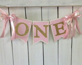 Pink and gold birthday HIGH CHAIR banner Ballerina birthday Ballerina party princess party pink gold 1st birthday couture
