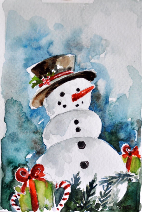 ORIGINAL Watercolor Painting Snowman Christmas Card Holiday