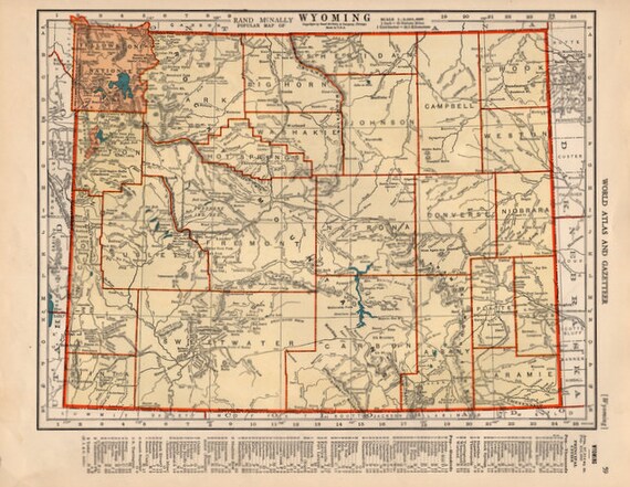 1940 Detailed Map of Wyoming for decor by catchingcanaries on Etsy