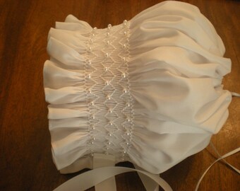 smocked baby bonnet with pearls, white, made to order