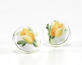 Stud Earrings - Yellow Rosebuds - Yellow Tulips on White Earring Studs - Floral Fabric Buttons Silver Toned Jewelry Country Bridal Wedding