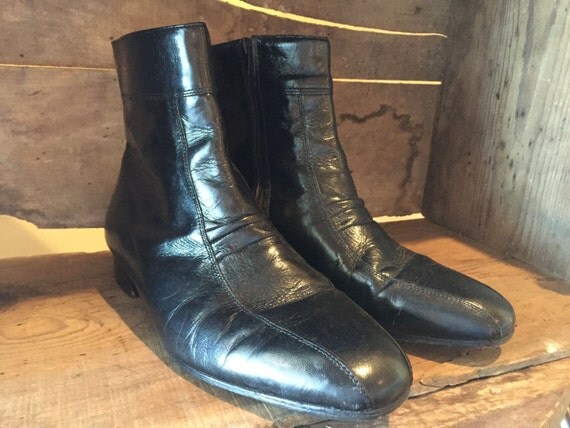Vintage Leather Boots Side Zip 1970s Black Hipster Grandpa
