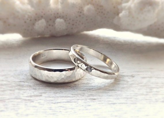 wedding band set, rustic silver ring set gemstone, rustic wedding ...