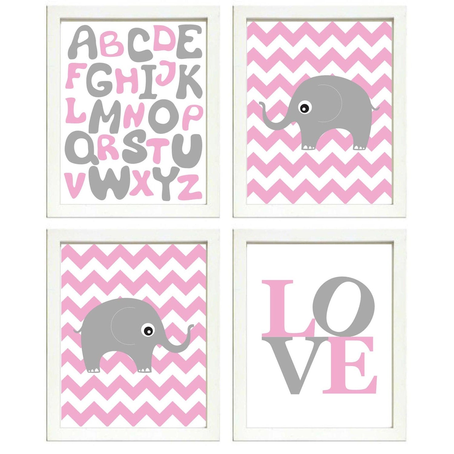 Elephant Nursery Art Set of 4 Prints Pink Yellow Chevron LOVE Alphabet ABC Child Kids Girl Room Wall