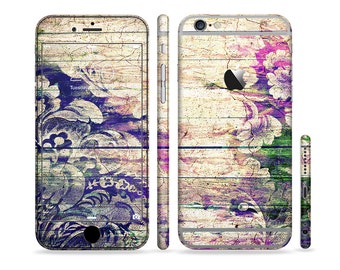 The Abstract Color Floral Painted Wood Planks Art Six-Piece Sectioned Series Skin Set for the Apple iPhone 6 or 6 Plus
