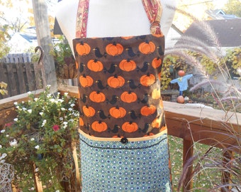 Men's Fall Apron, Pumpkins, Crows, Acorns, Brown, Orange, Teal, Gold, Reversible, The Mike