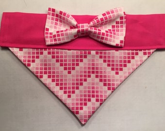 Dog Bandana - Pixelated Pink Chevron Print with Bow