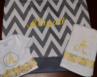 Yellow & Gray Chevron Diaper Bag with a Ruffled Onesie and Burp Cloth Gift Set