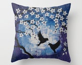 birds on a throw pillow cover , blue and purple cushion covers , blue with white and purple, romantic design with a pair of birds and flower