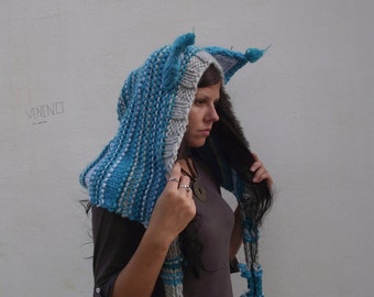 Cat ears Hoodie Scarf Cheshire Cat Costume Scarf with Hood Knit Knitted Scoodie Hoodie Hat Festival Clothing Halloween Costume Crochet Hood