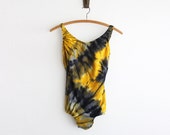 vintage tie dye print swimwear / yellow and black one piece swimsuit / large size one piece bathing suit