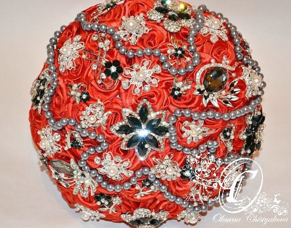 Wedding Brooch Bouquet, Red, Black and Silver Wedding Broach Bouquet. Jeweled Bouquet, Red Brooch Bouquet, Vintage bouquet