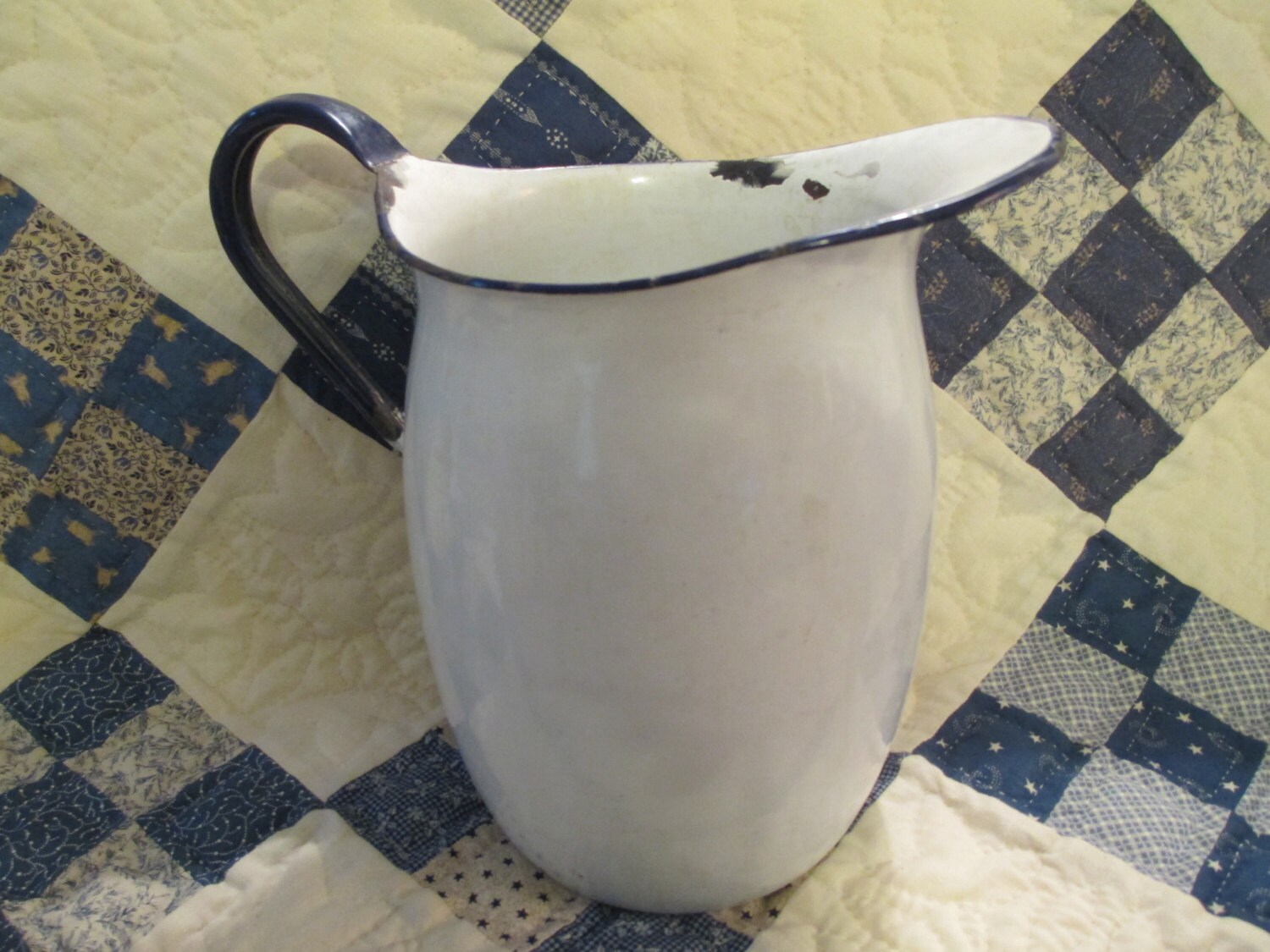 Vintage Blue and White Granite Ware Pitcher Haute Juice