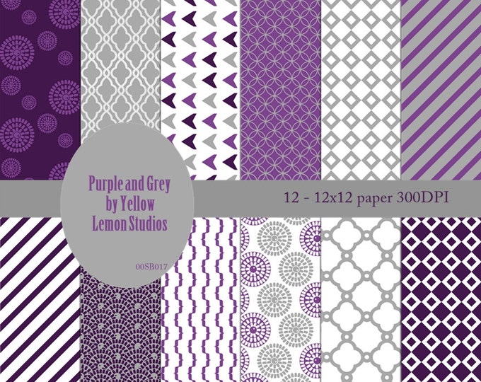 Purple and grey digital paper: "PURPLE PATTERNS" Winter color, chevron, diagnal stripes, flowers, quatrefoil,arrows