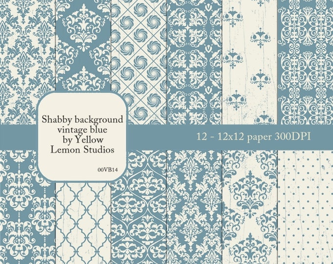 Shabby chic vintage blue Digital scrapbook "SHABBY BLUE" vintage blue, cream, damask, polka dots, flower, vintage texture, lattice, shabby