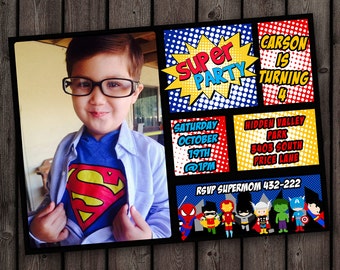 superhero invitations, FAST ship, free customized wording included, same day customized on weekdays, superhero birthday invitation