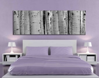 Oblong rectangle canvas print black and white aspen tree forest nature home decor living room decal panoramic 12 x 36 or 20 x 60 inch photo