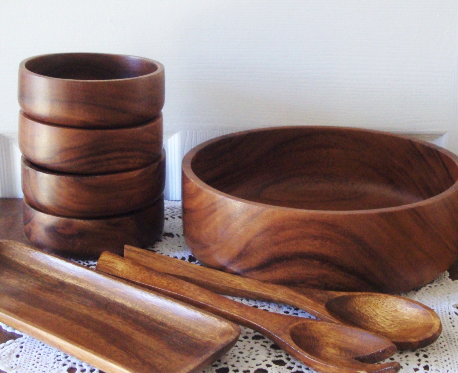 8 Piece Wood Salad Bowl Set Wooden Salad Servers and Tray