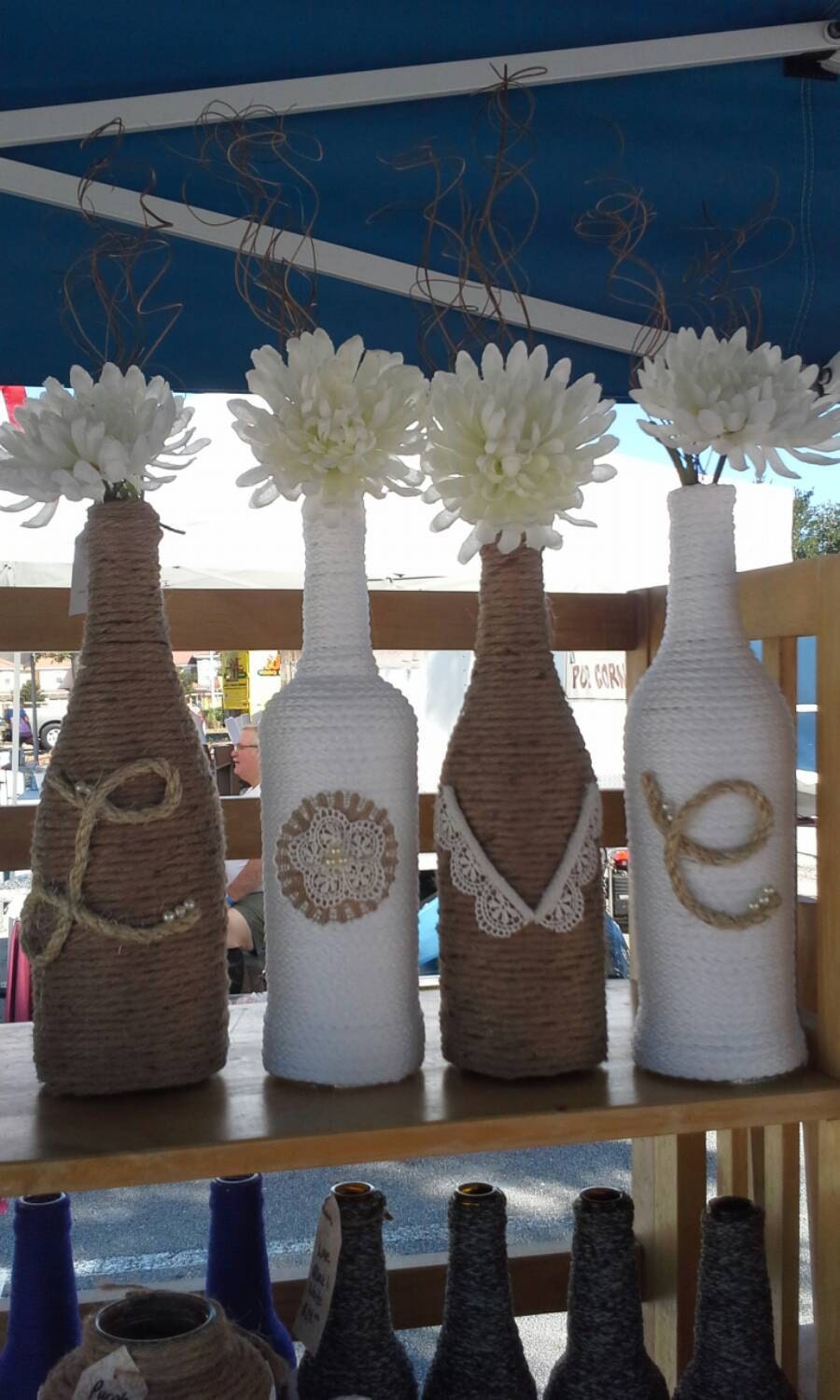 Upcycled Wine Bottles wrapped in twine and rope LOVE design.