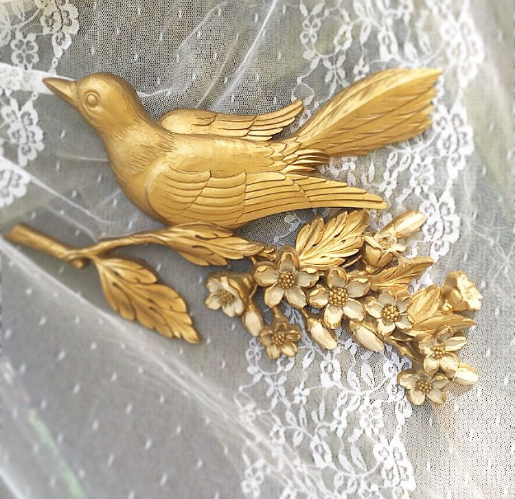 Vintage bird wall decor gold retro 1960's floral spray