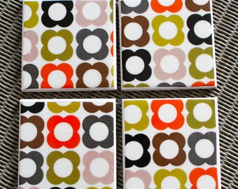 Orla Kiely patterned ceramic drinks coasters, Scandinavian design coaster set