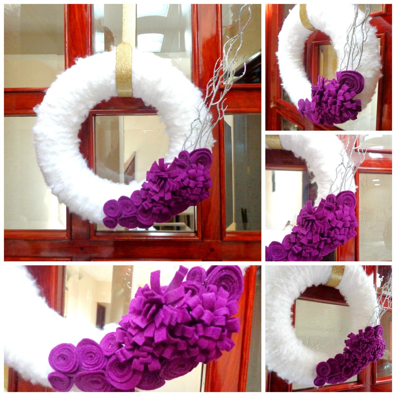 Christmas Wreath - 13 inch - White Yarn Wrapped Wreath with Purple Felt Flowers with silver sticks acccent. Wreath