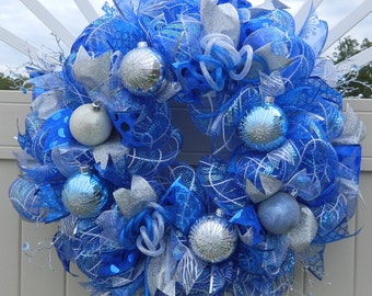 Christmas weath / Blue Silver White Deco mesh Wreath / frozen / royal ...