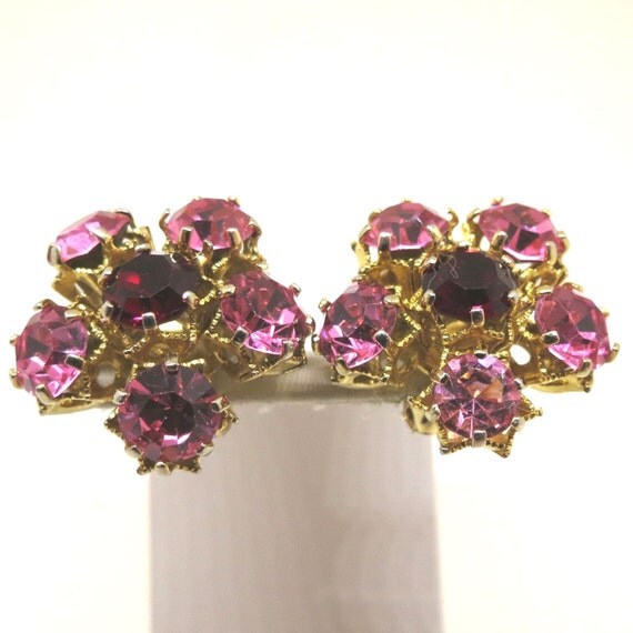 Pink Floral Earrings Vintage Austria Marked Gold Tone Red