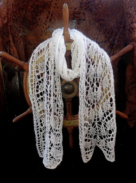 100% virgin CASHMERE Wool Lace hand knitted Long scarf Wedding Christening Unique Cozy Warm
