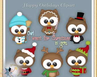 Christmas Owl Clipart, Happy Holiday