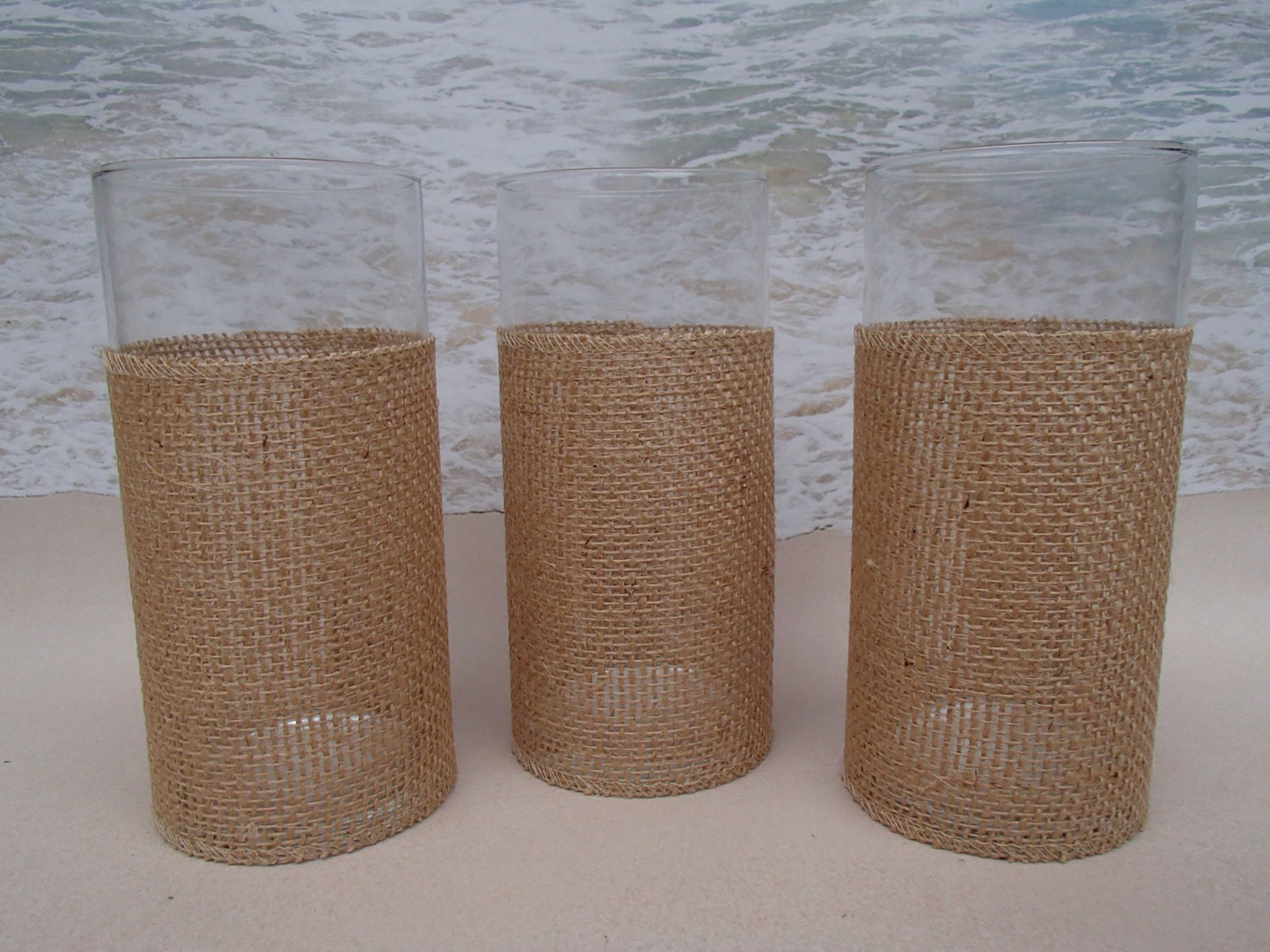 Set of 3 Burlap Vase Centerpieces Rustic Beach by ParadiseBridal