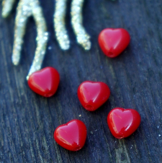 Small Opaque Bordeaux Red Glass Heart Bead Red Heart Beads Red