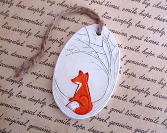 Fox With Tree Ornament, Clay Christmas Ornament