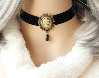 Victorian Cameo Black Velvet Lace Choker, Cameo Necklace
